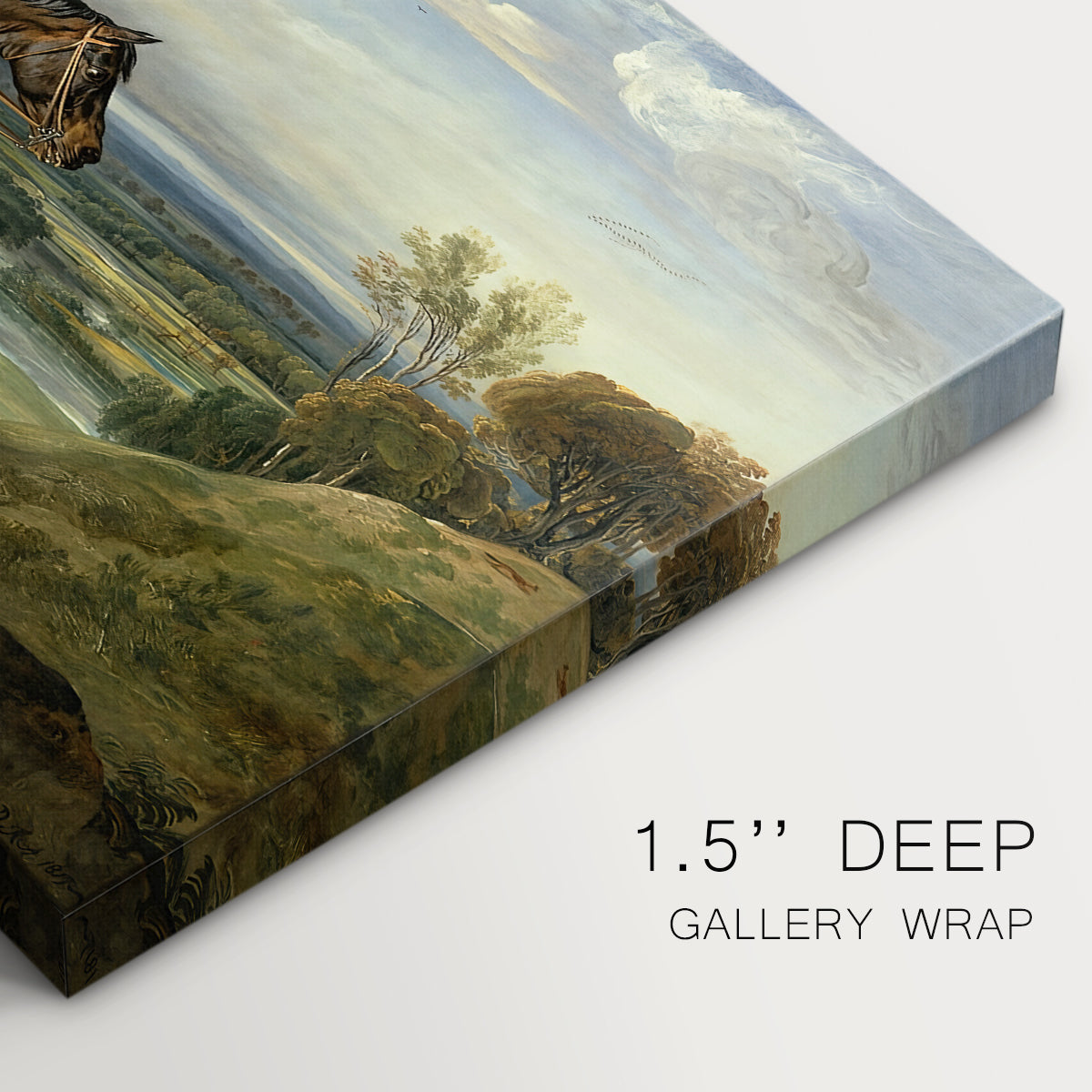 Canvas art print of a mounted hunter with dogs pursuing game across open landscape, highlighting texture and gallery-wrapped edges