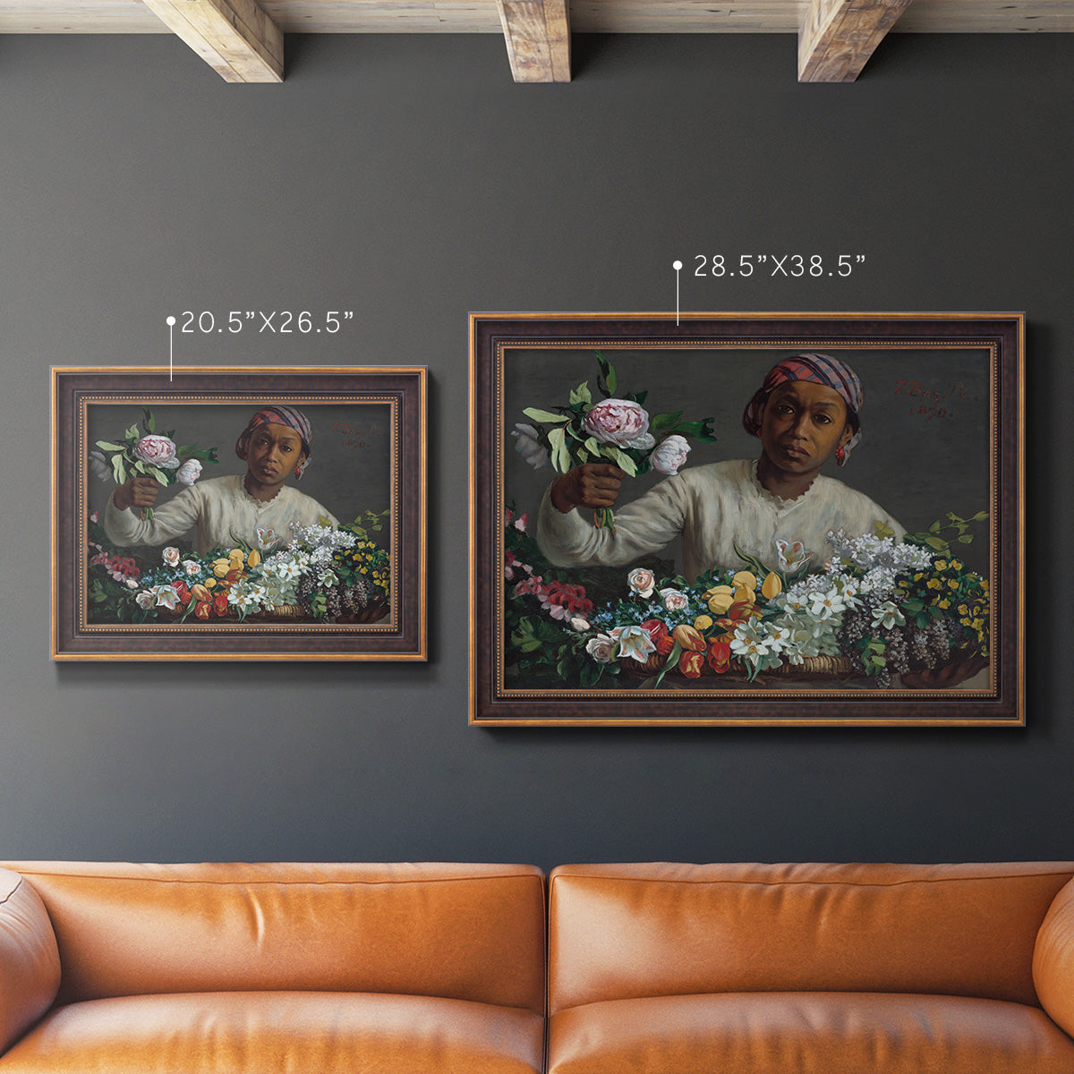 Traditional portrait of a woman holding peonies by Frédéric Bazille in an ornate bronzed mahogany wood frame shown in multiple size options.