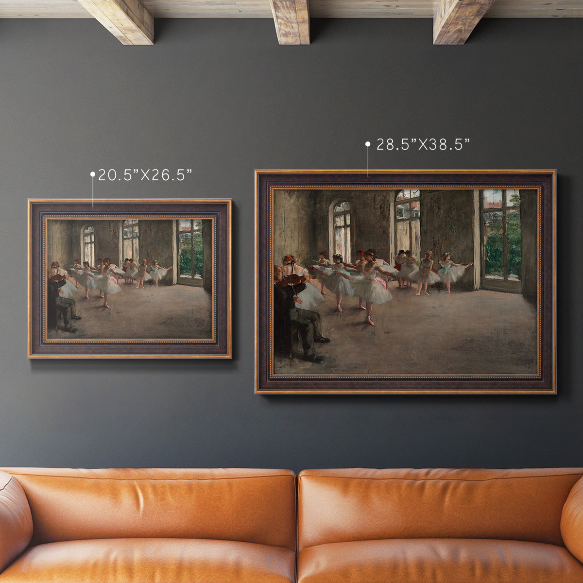 Early impressionist ballet rehearsal painting by Edgar Degas in an ornate bronzed mahogany wood frame shown in multiple size options.
