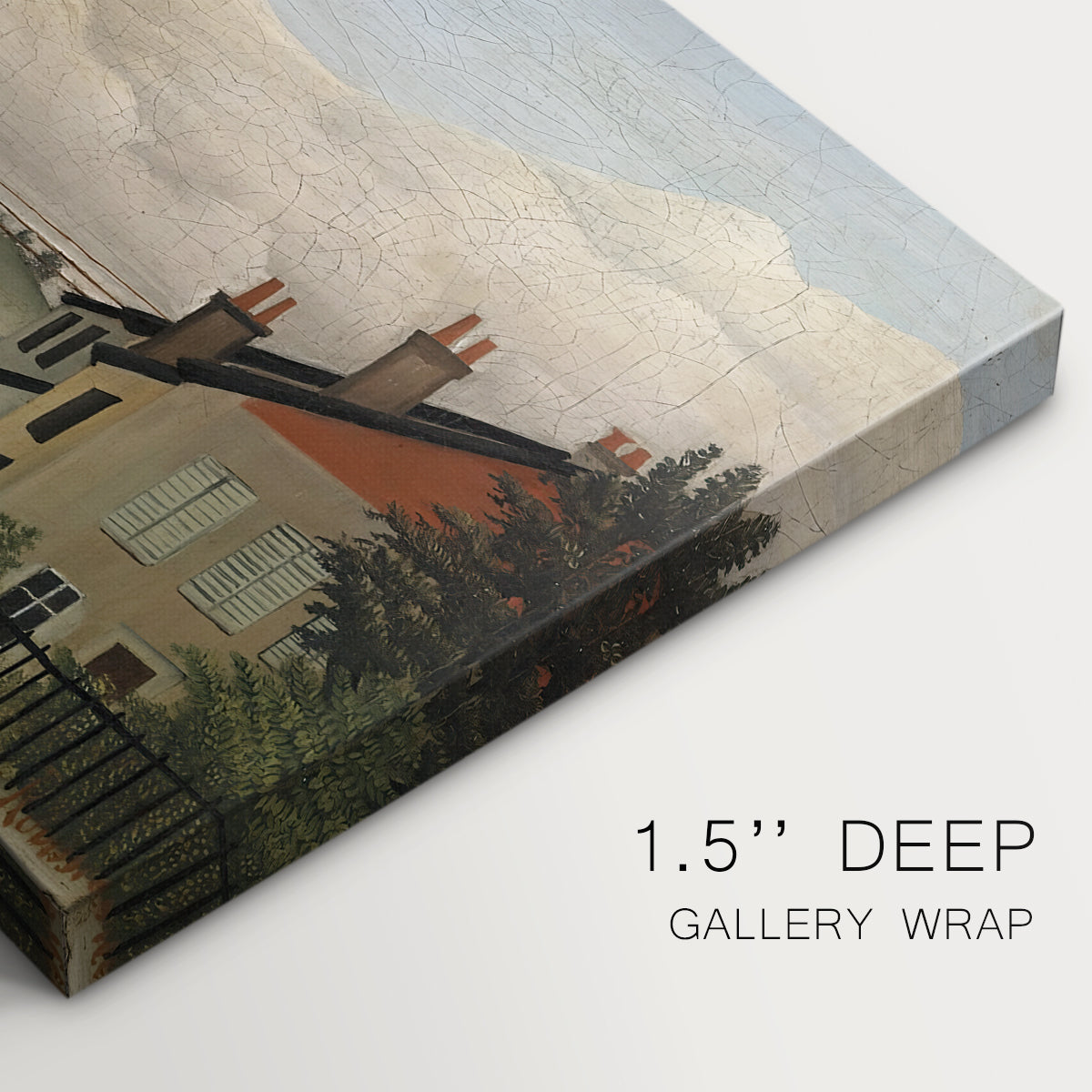 Canvas art print of a quiet suburban landscape with buildings, road, and open terrain, highlighting texture and gallery-wrapped edges
