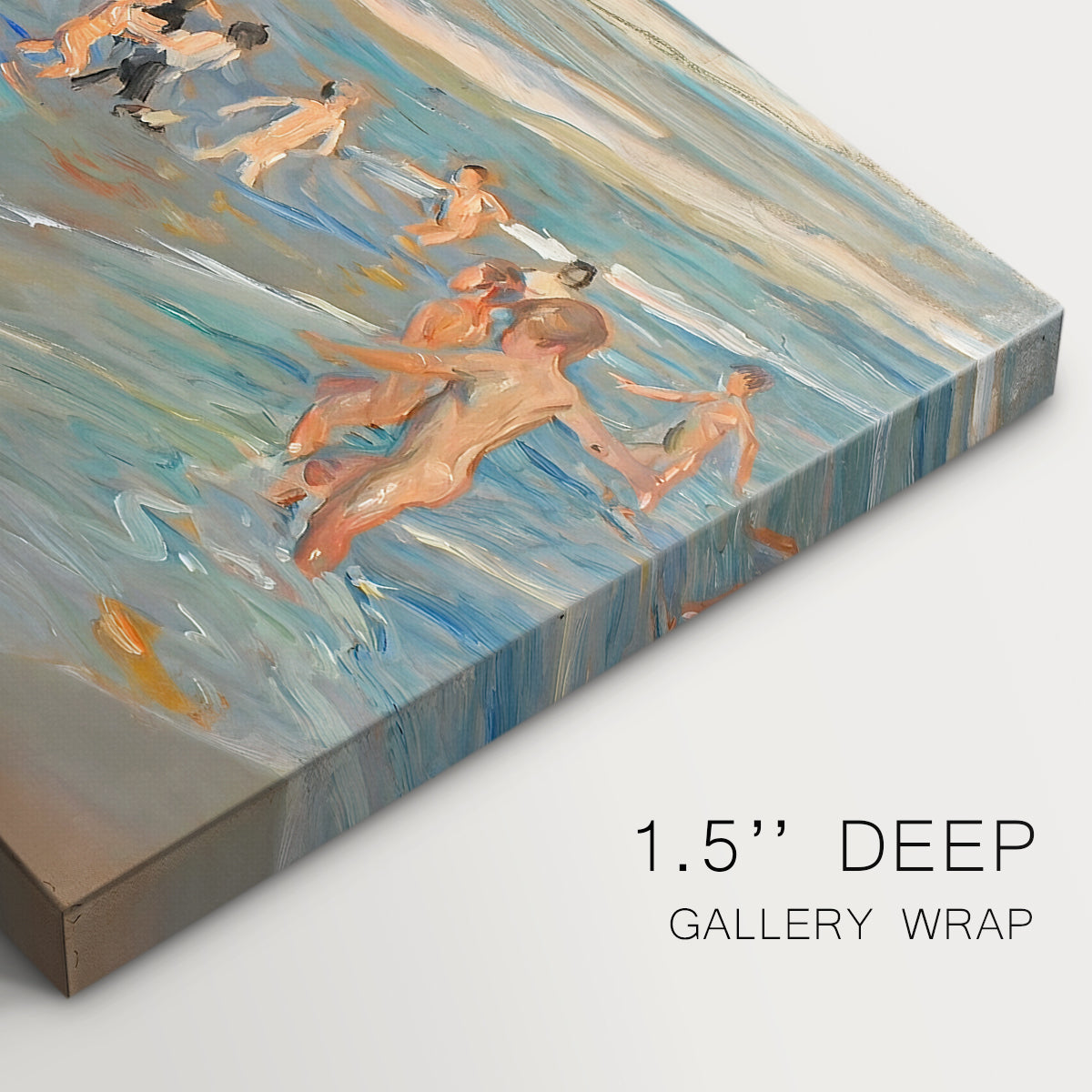 Canvas art print of children playing along shoreline with waves and wet sand, highlighting texture and gallery-wrapped edges