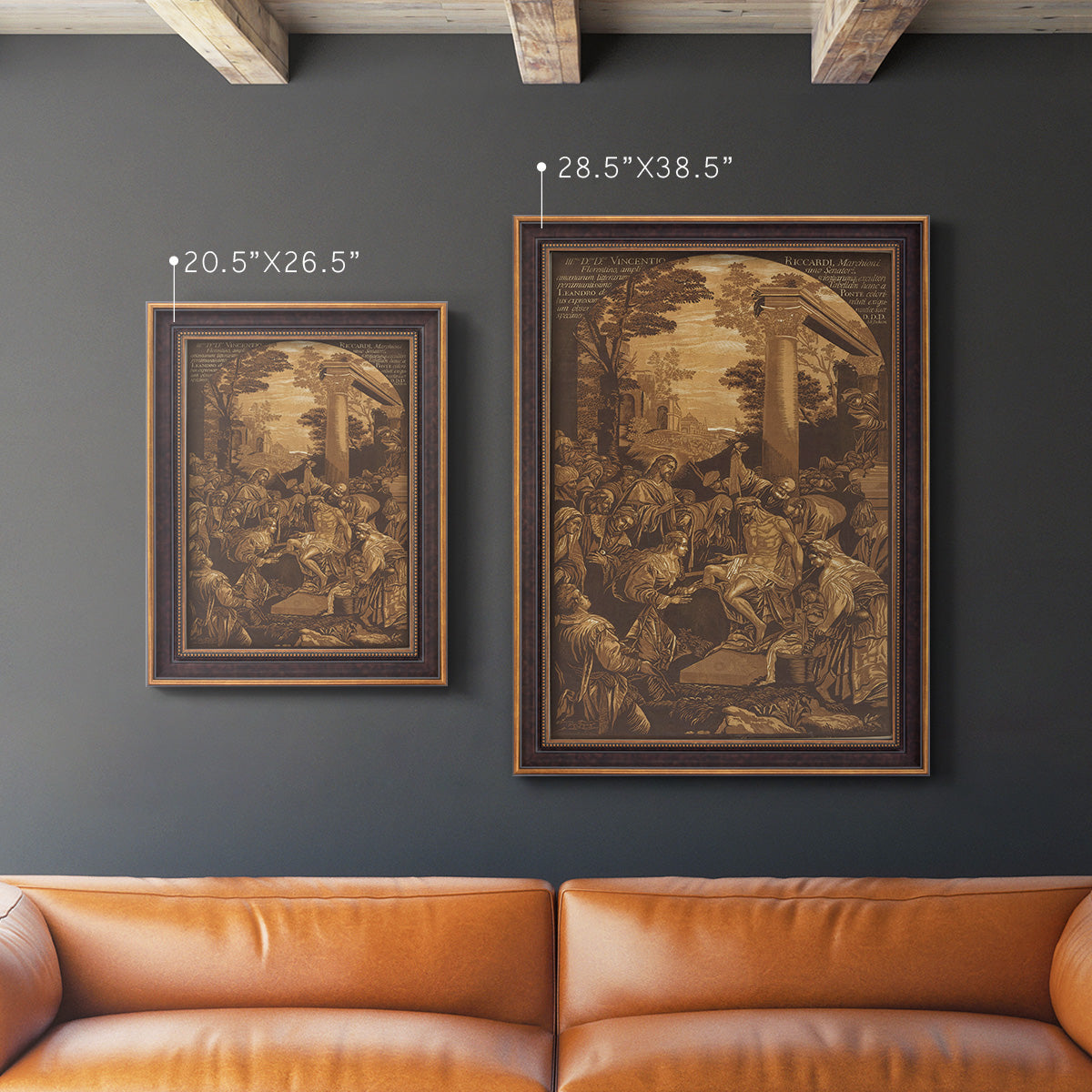 Monochrome religious painting of the raising of Lazarus by Leandro Bassano in an ornate bronzed mahogany wood frame shown in multiple vertical size options.