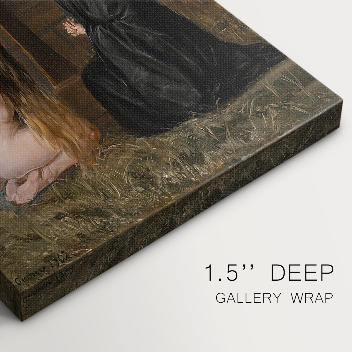 Close-up of a gallery-wrapped canvas corner showing a spiritual composition with muted tones and contemplative mood, highlighting texture and print detail.