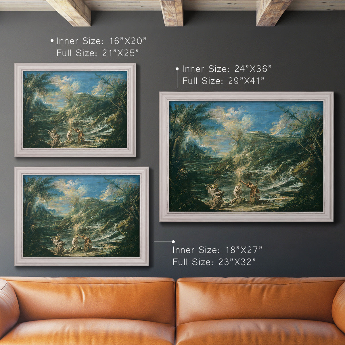 Religious landscape depicting the baptism of Christ by Alessandro Magnasco in an ornate weathered white frame shown in multiple size options.