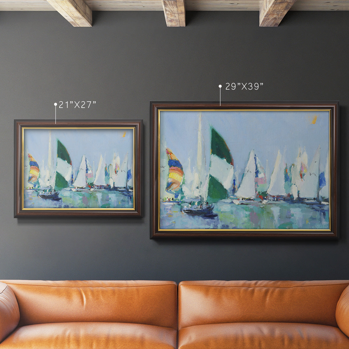 Coastal harbor watercolor painting in an ornate mahogany wood frame with gold liner shown in multiple size options.