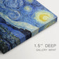 Canvas art print of a swirling night sky over village with bright stars, moon, and tall cypress, highlighting texture and gallery-wrapped edges