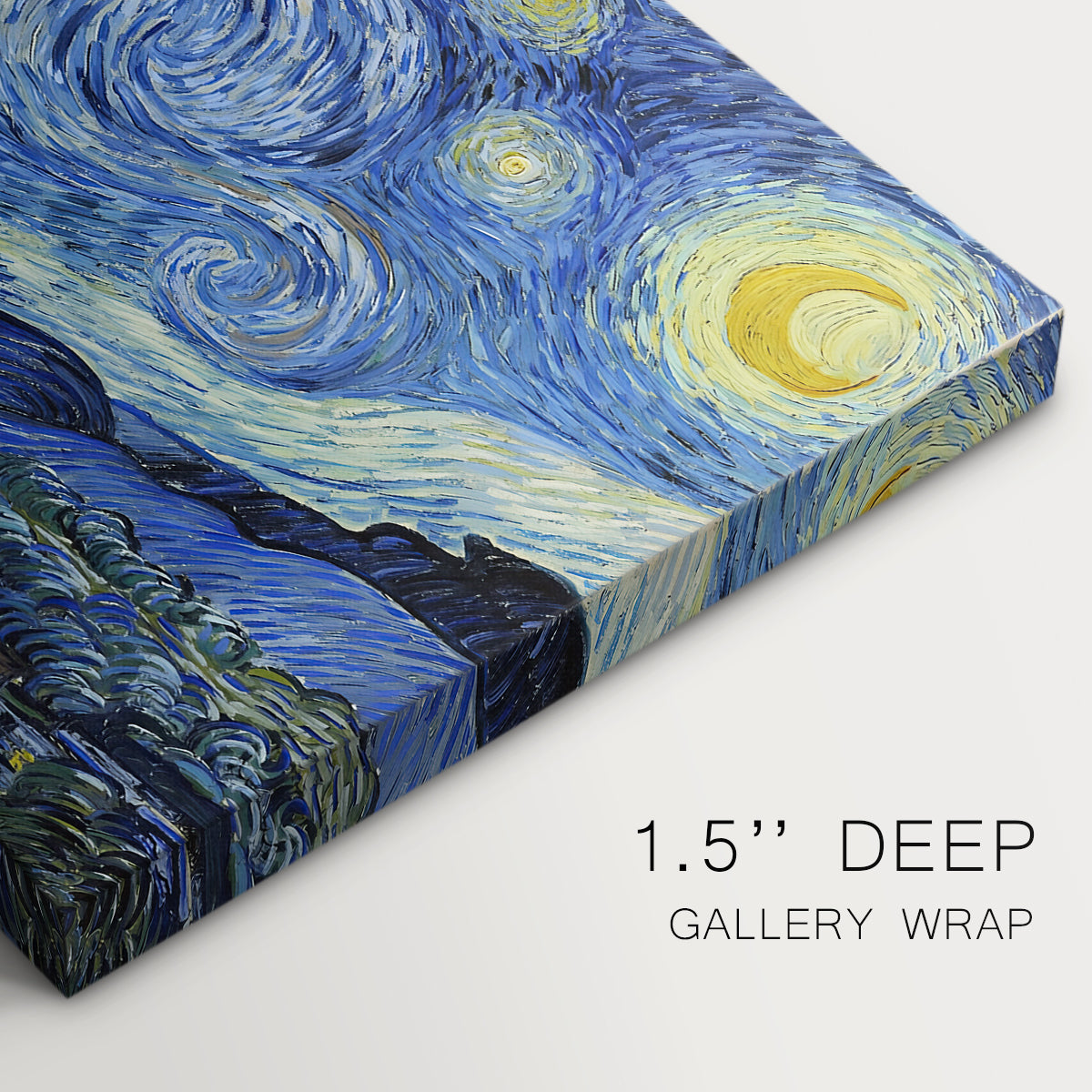 Canvas art print of a swirling night sky over village with bright stars, moon, and tall cypress, highlighting texture and gallery-wrapped edges