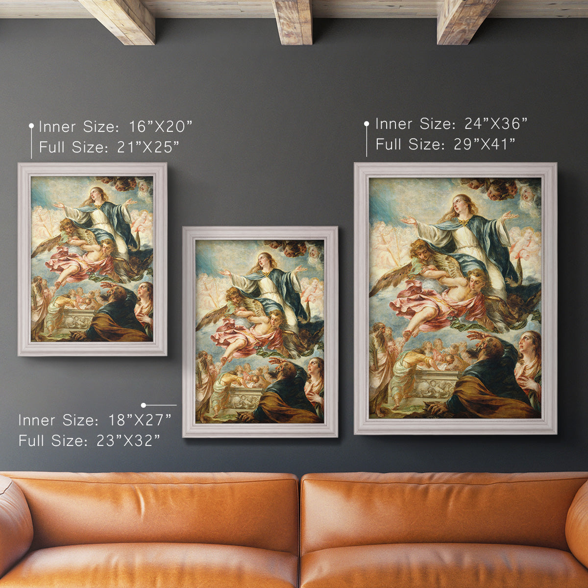 Religious painting of the Assumption of the Virgin Mary by Juan de Valdés Leal in an ornate weathered white frame shown in multiple vertical size options.