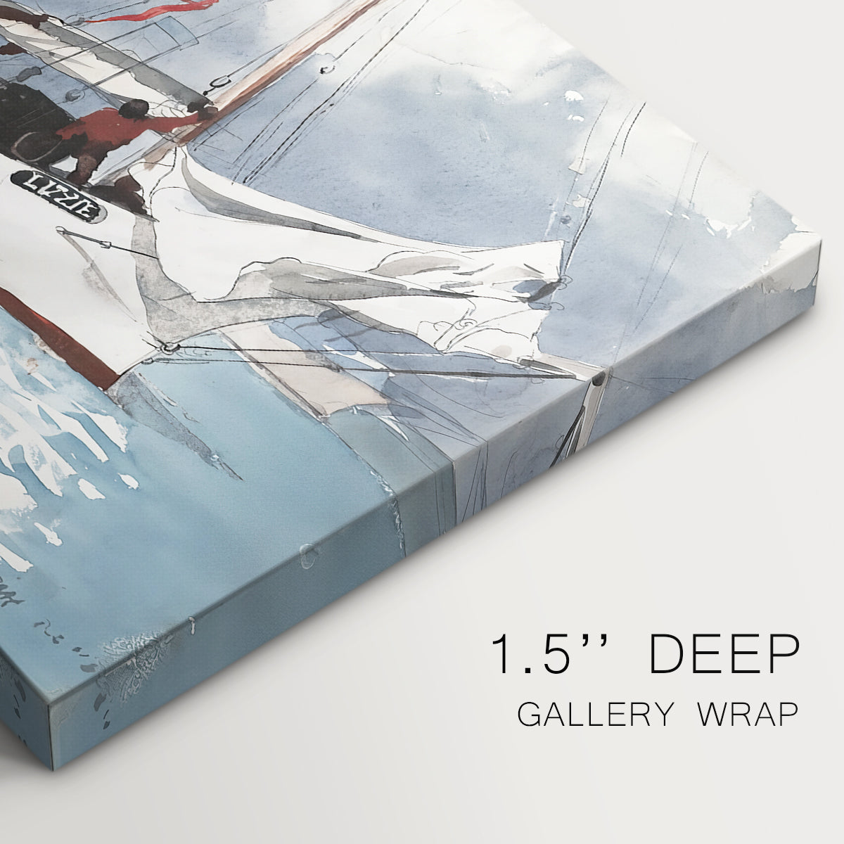 Canvas art print of small boats anchored in shallow water with shoreline in background, highlighting texture and gallery-wrapped edges