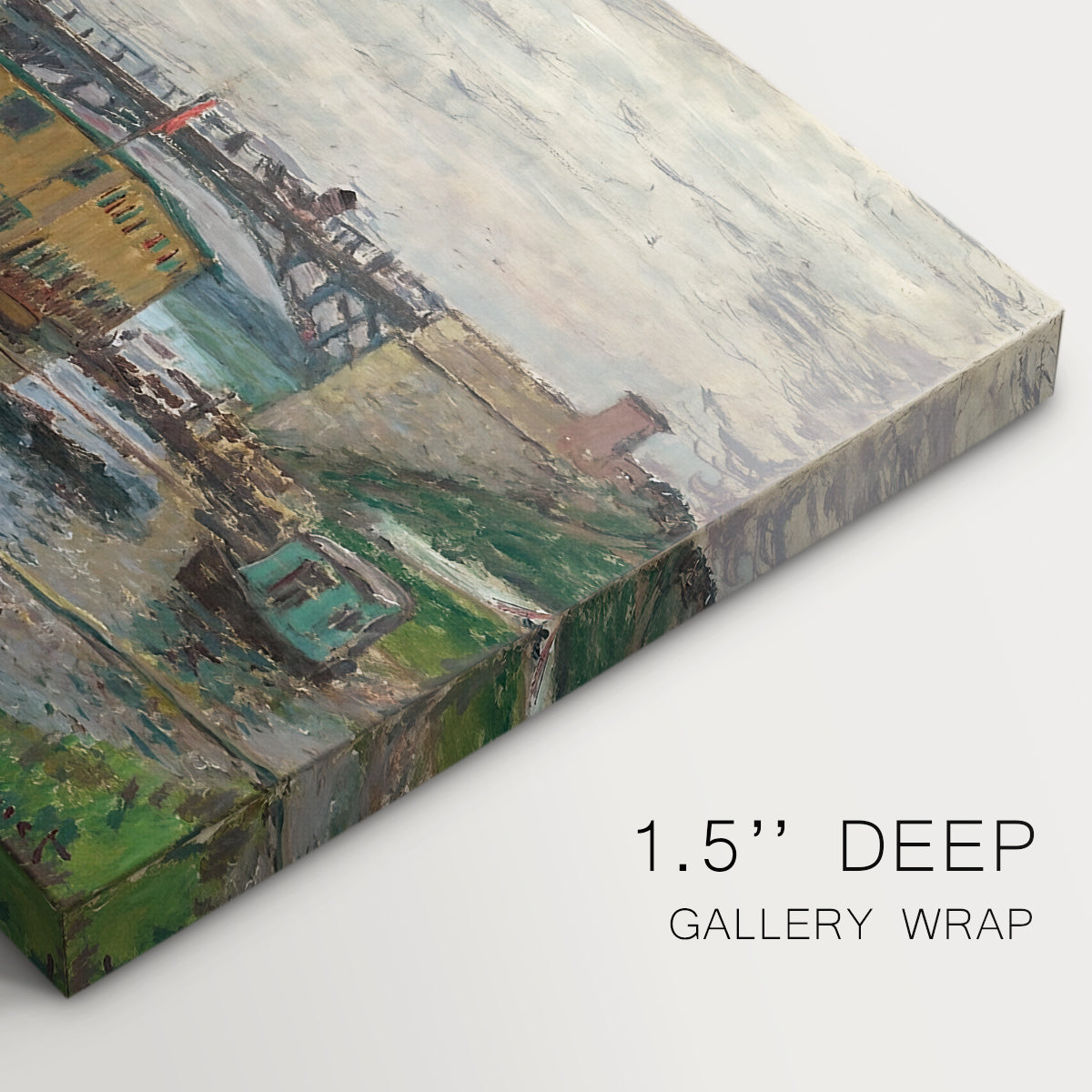 Canvas art print of a bridge crossing river under gray sky with muted reflections, highlighting texture and gallery-wrapped edges