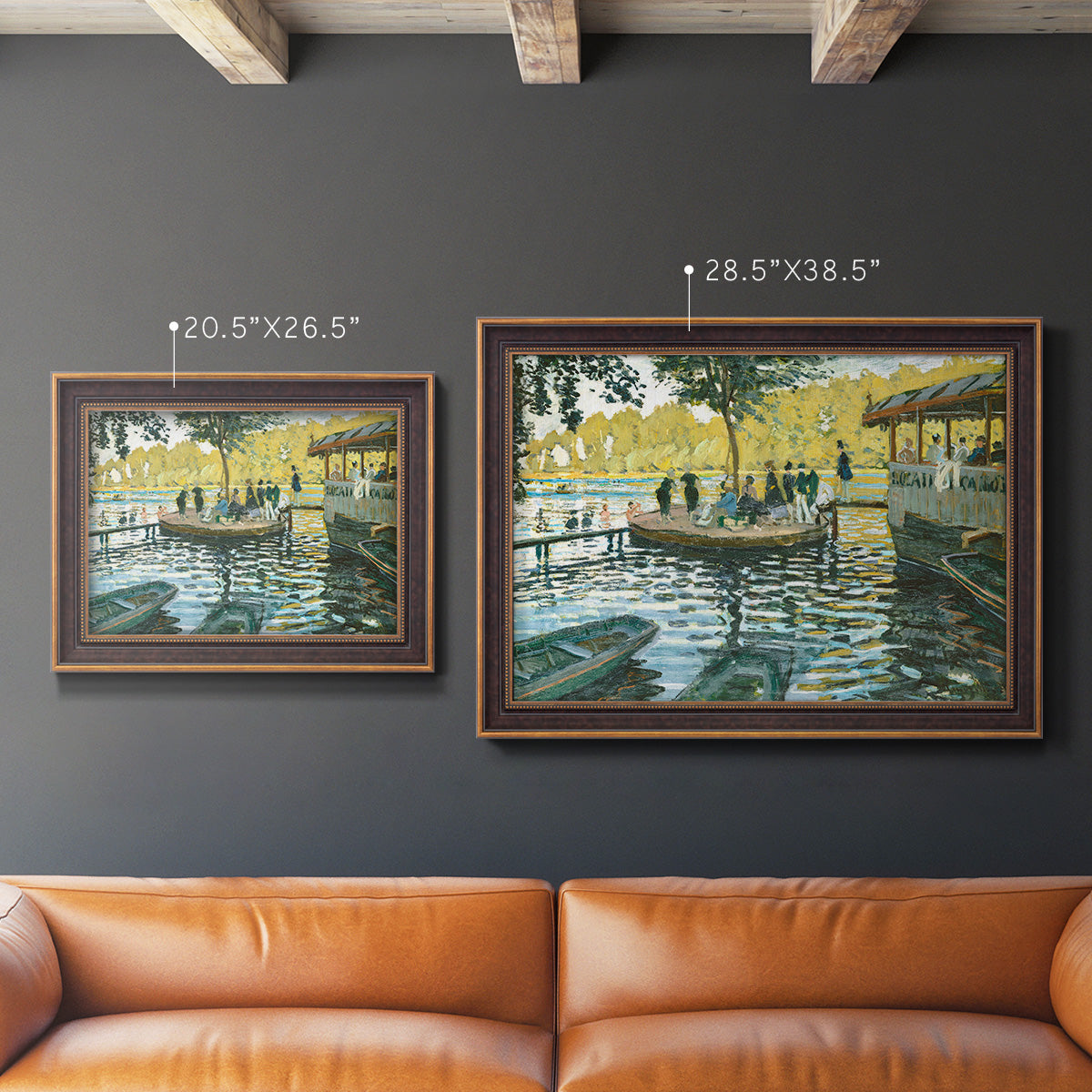 Impressionist riverside leisure scene by Claude Monet in an ornate bronzed mahogany wood frame shown in multiple size options.