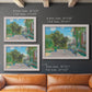 Impressionist residential landscape at Argenteuil by Claude Monet in an ornate weathered white frame shown in multiple size options.