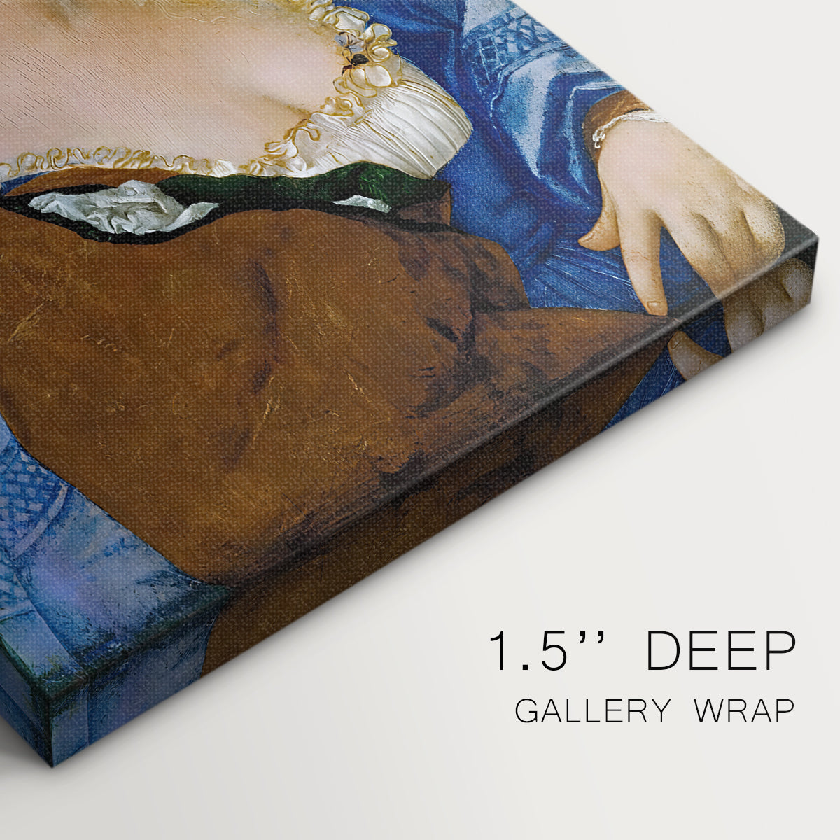 Close-up of a gallery-wrapped canvas corner showing a classic image with balanced color, highlighting texture and print detail.