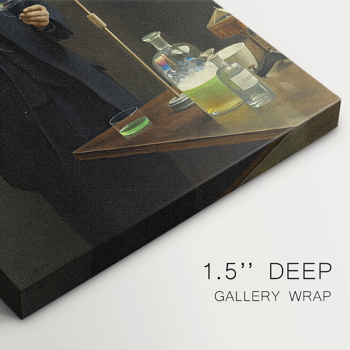 Close-up of a gallery-wrapped canvas corner showing a dignified figure with balanced tones, highlighting texture and print detail.