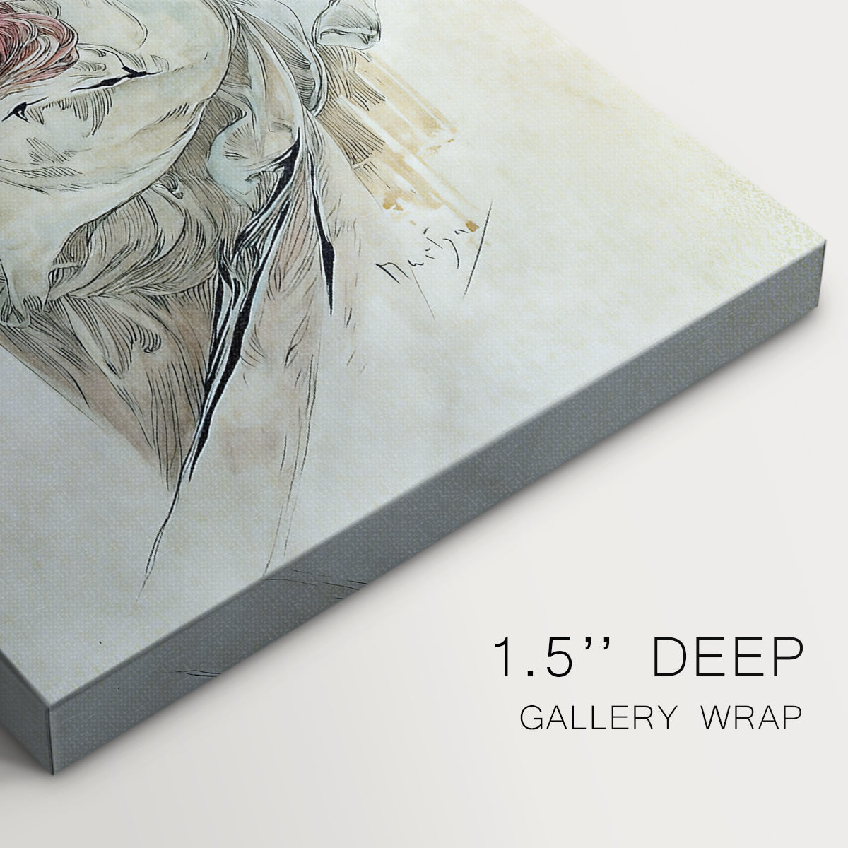 Close-up of a gallery-wrapped canvas corner showing a vintage book illustration with elegant linework and symbolism, highlighting texture and print detail.