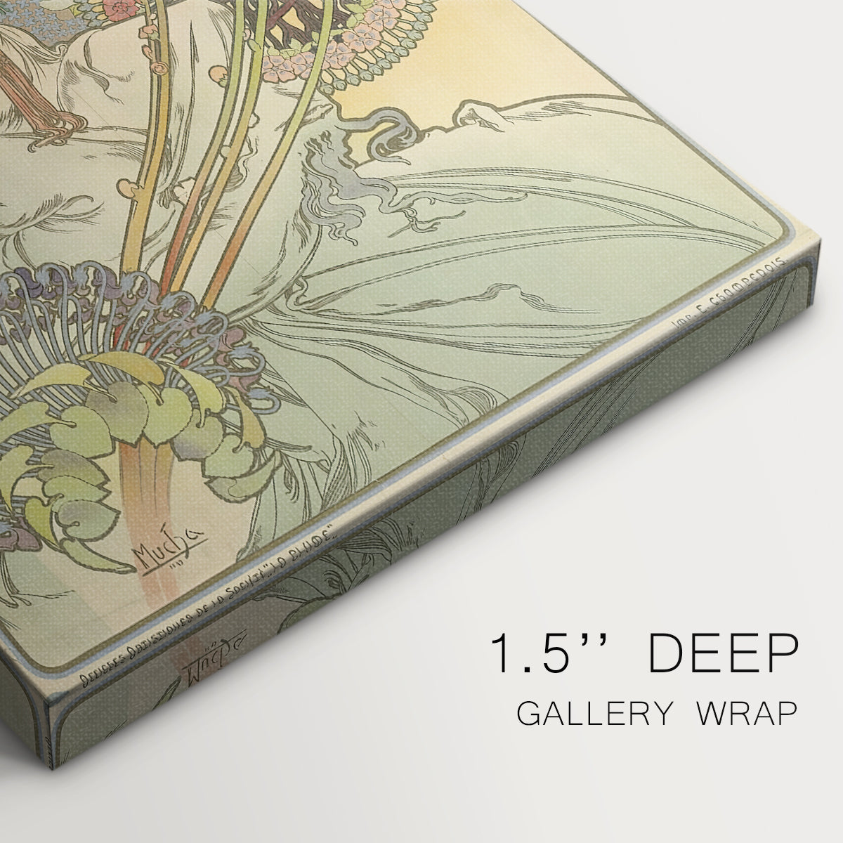 Close-up of a gallery-wrapped canvas corner showing a classic print combining portrait and travel branding, highlighting texture and print detail.