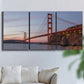 Three-panel canvas wall art featuring golden gate bridge spanning bay, displayed in a living room above a sofa.