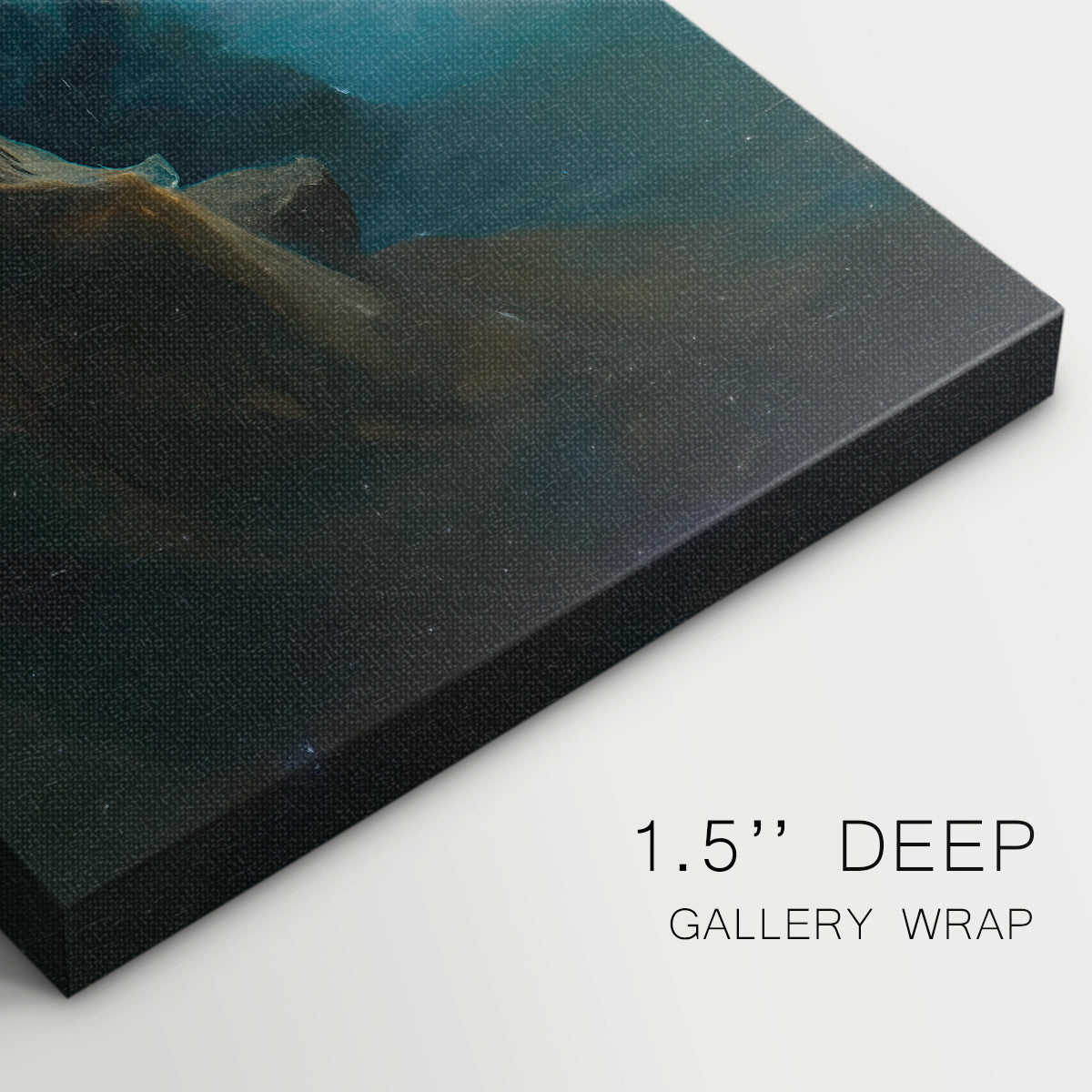 Close-up of a gallery-wrapped canvas corner showing a striking image with strong silhouette and contrast, highlighting texture and print detail.