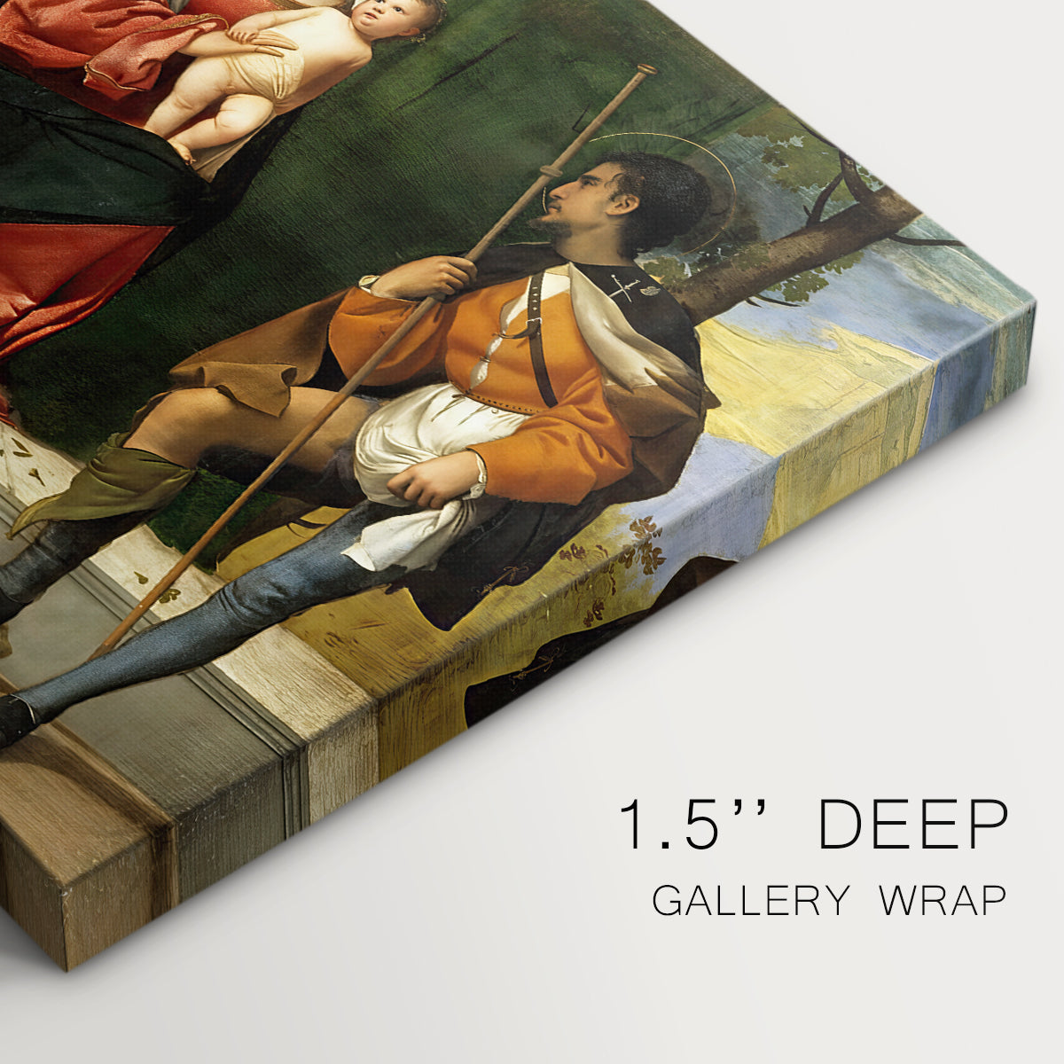 Canvas art print of Madonna and child seated with two saints in architectural devotional scene, highlighting texture and gallery-wrapped edges