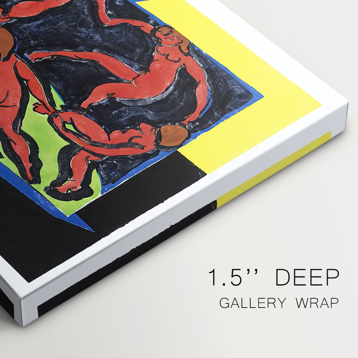 Canvas art print of a group of figures holding hands dancing in circular motion against bold background, highlighting texture and gallery-wrapped edges