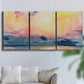 Three-panel canvas wall art featuring prismatic watercolor coastal seascape, displayed in a living room above a sofa.