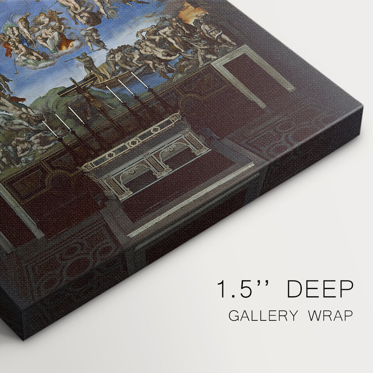 Close-up of a gallery-wrapped canvas corner showing a powerful image with multiple figures and depth, highlighting texture and print detail.