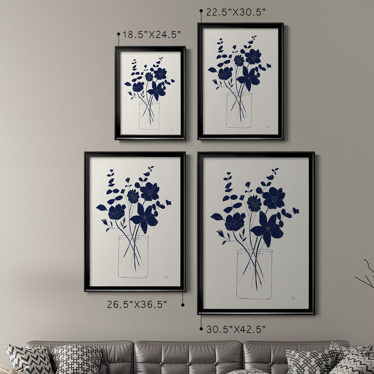 Indigo Sketch Bouquet I - Modern Framed Canvas Print