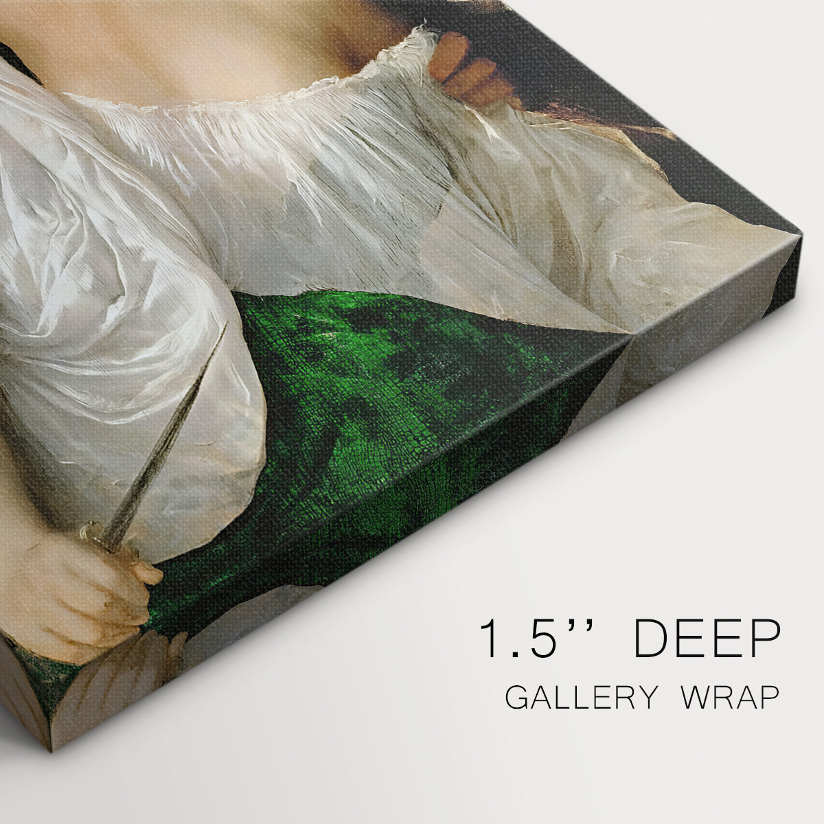 Close-up of a gallery-wrapped canvas corner showing a refined image with strong emotion and depth, highlighting texture and print detail.