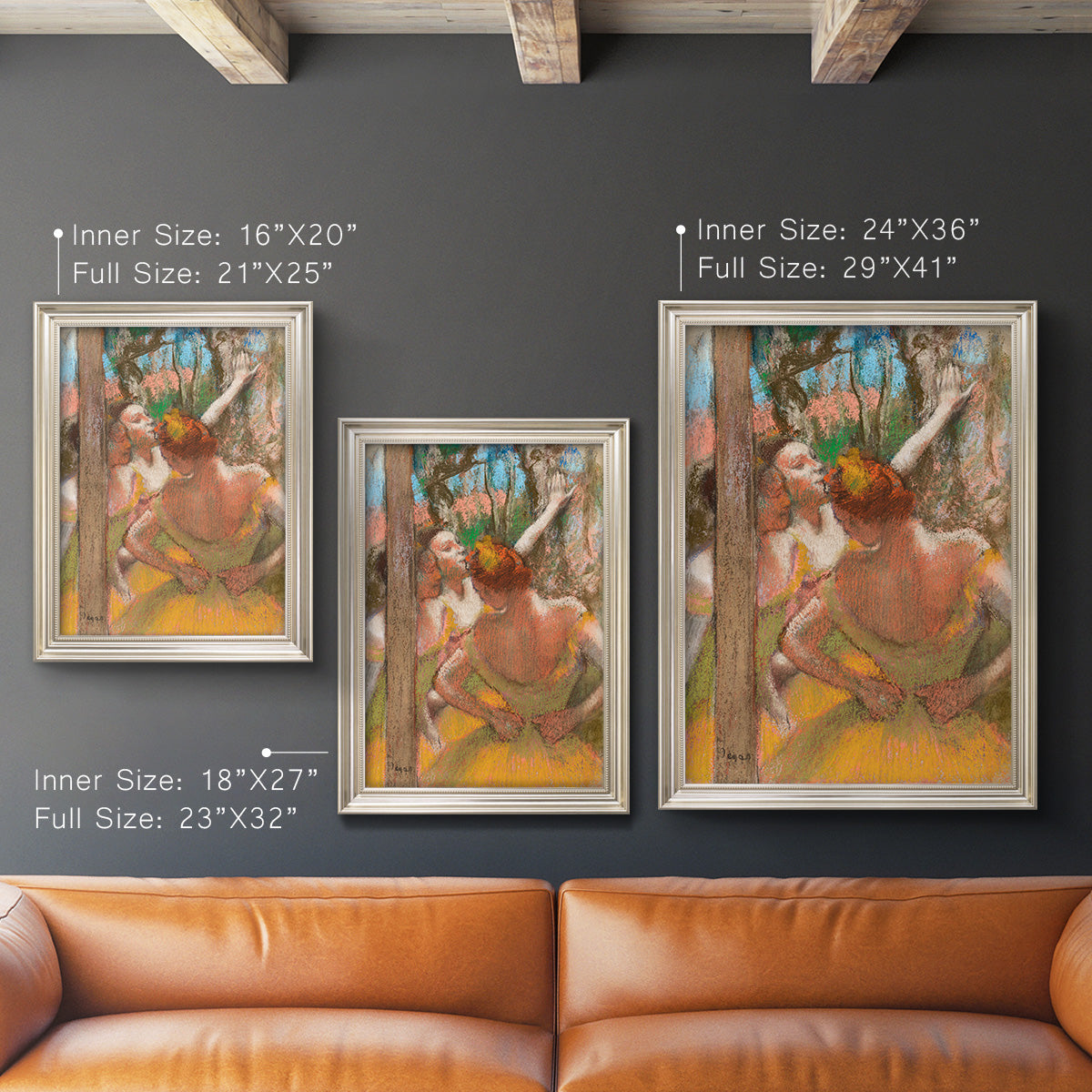 Impressionist ballet dancer composition by Edgar Degas in an ornate champagne frame shown in multiple vertical size options.