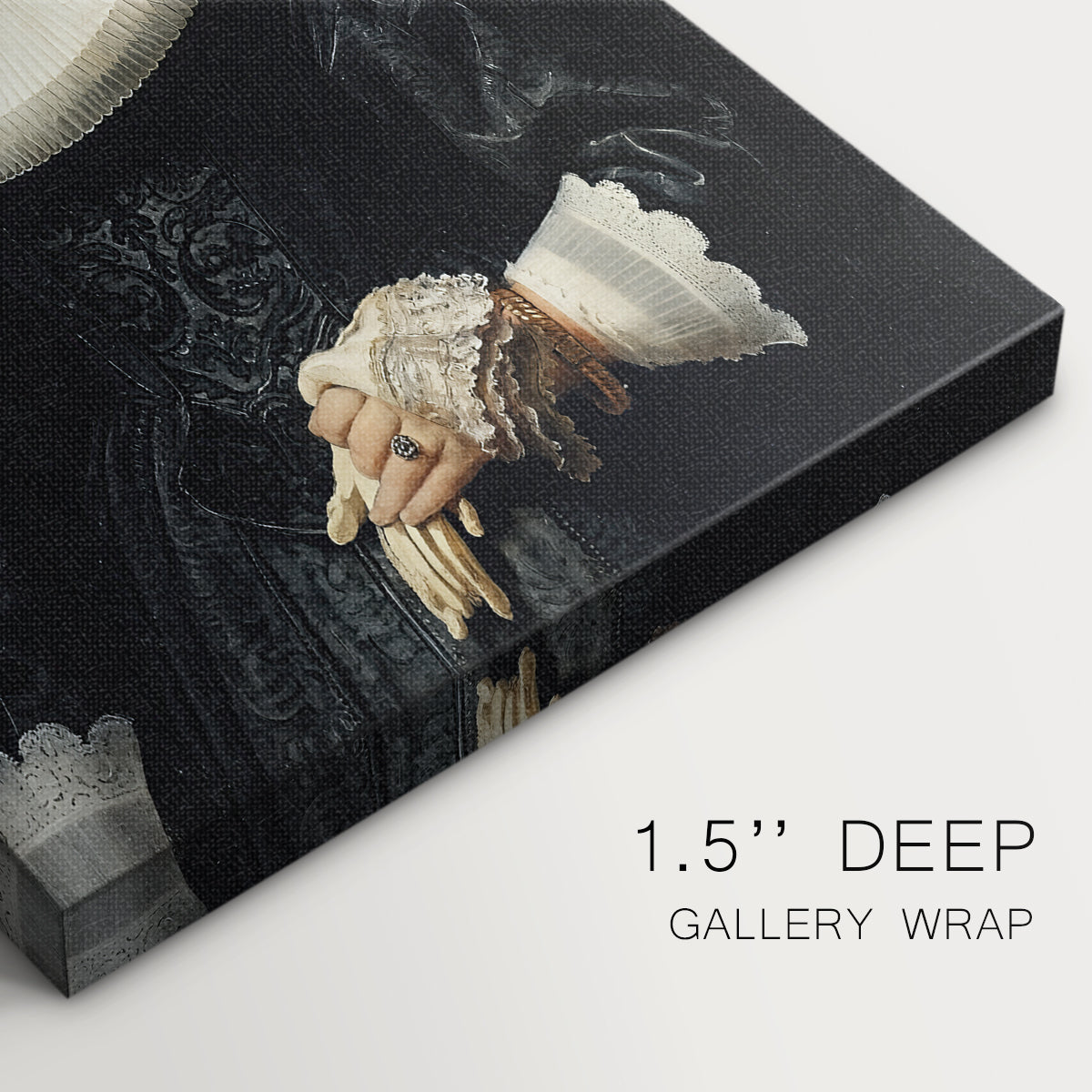 Close-up of a gallery-wrapped canvas corner showing a dignified image with calm presence, highlighting texture and print detail.