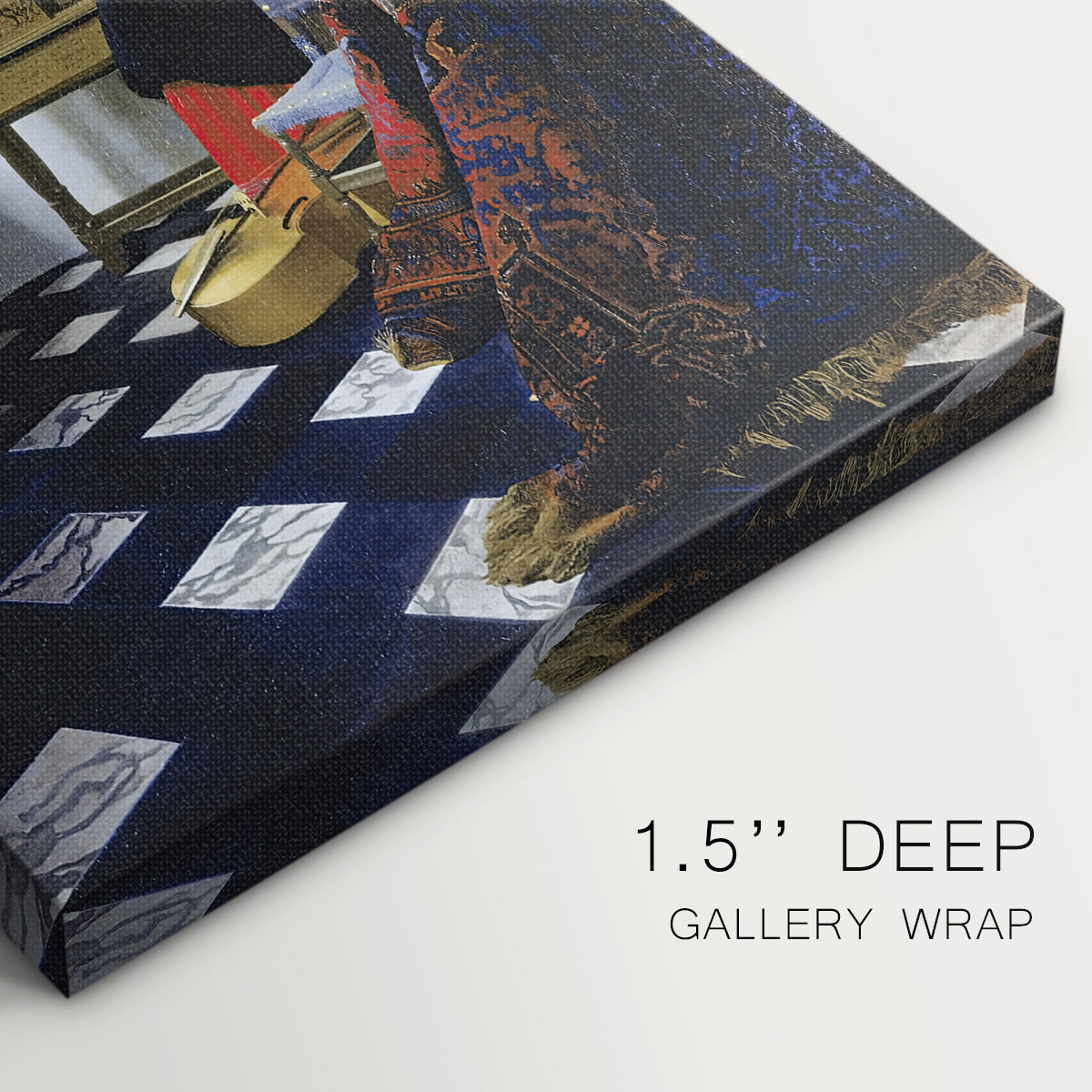 Close-up of a gallery-wrapped canvas corner showing a refined composition with figures and subtle detail, highlighting texture and print detail.