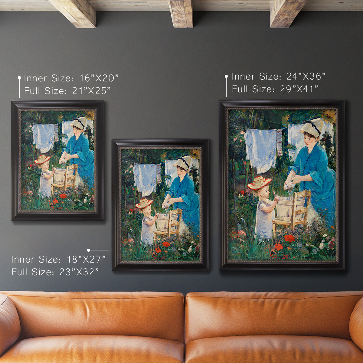 Intimate domestic genre scene by Édouard Manet in an ornate black frame with gilded inner detail shown in multiple vertical size options.