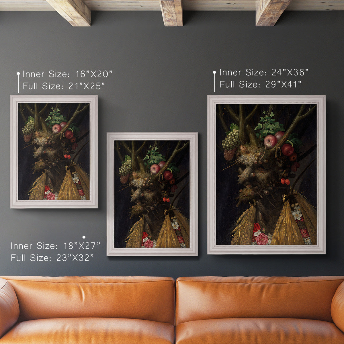 Surreal allegorical portrait representing the four seasons by Giuseppe Arcimboldo in an ornate weathered white frame shown in multiple vertical size options.