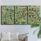 Three-panel canvas wall art featuring geometric fractal abstract slot pattern, displayed in a living room above a sofa.