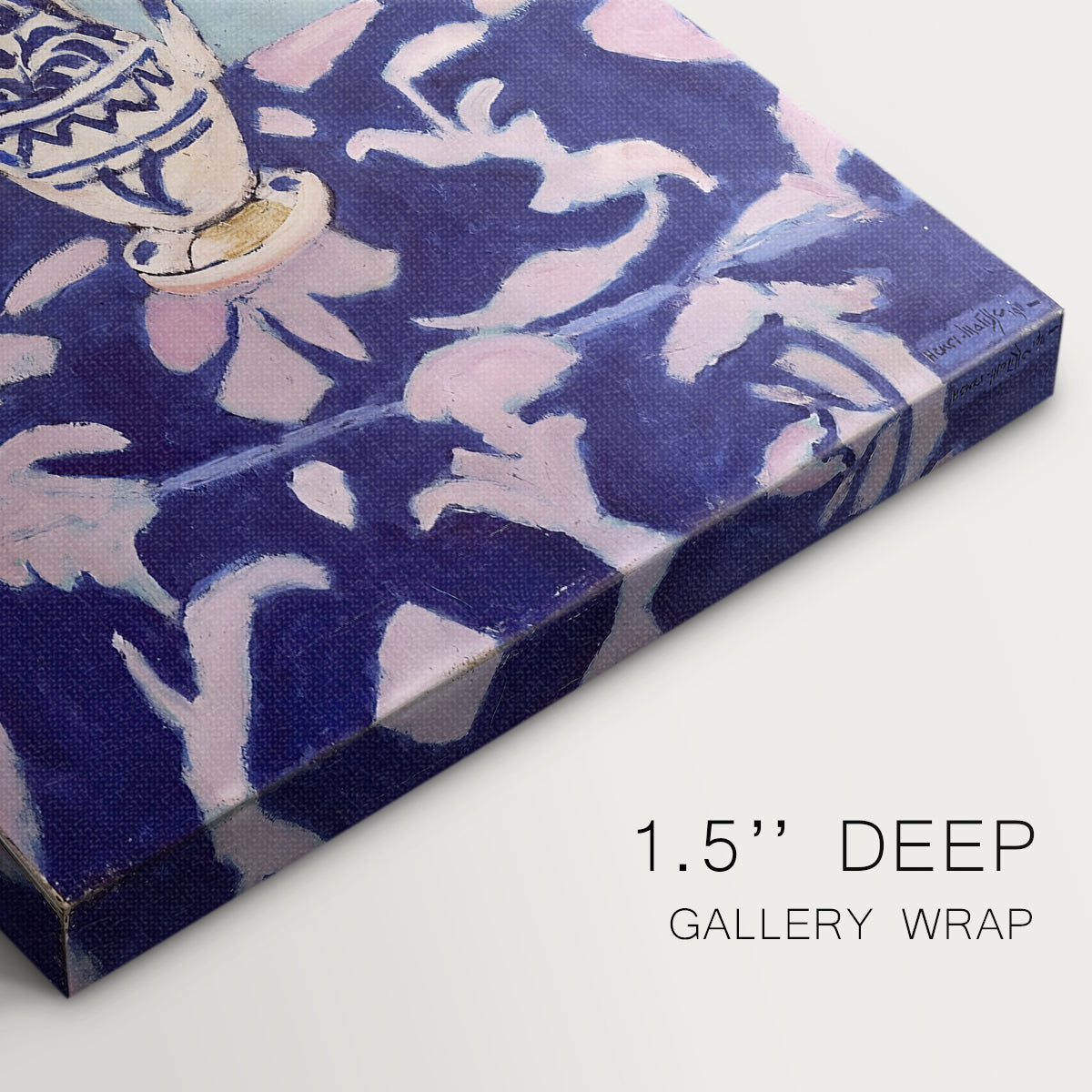 Close-up of a gallery-wrapped canvas corner showing a vivid still life with flowers and geometric backdrop, highlighting texture and print detail.