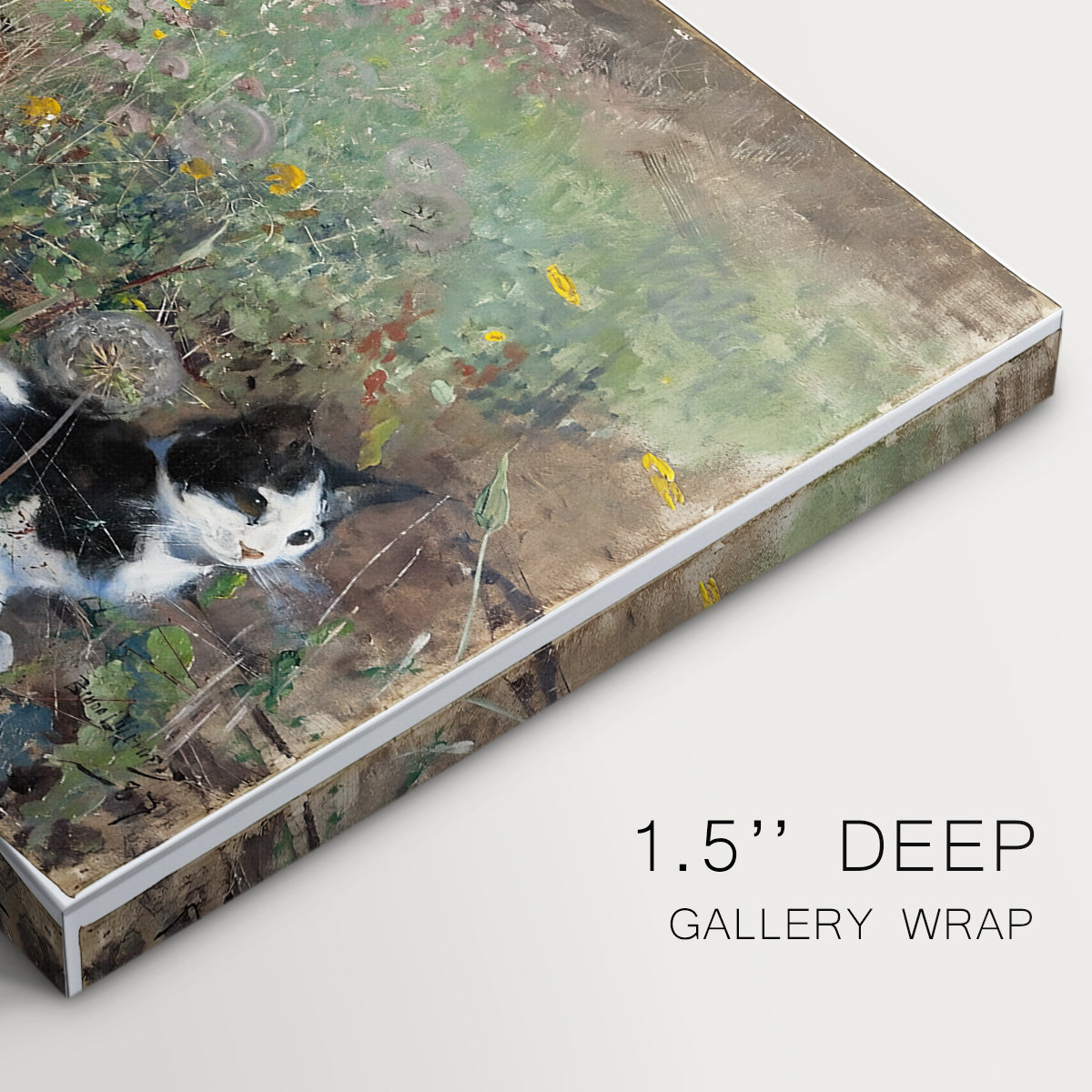 Canvas art print of a cat crouching in a meadow filled with wildflowers and greenery, highlighting texture and gallery-wrapped edges