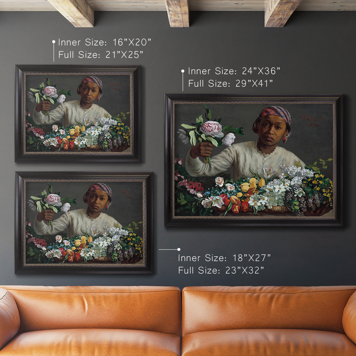 Traditional portrait of a woman holding peonies by Frédéric Bazille in an ornate black frame with gilded inner detail shown in multiple size options.