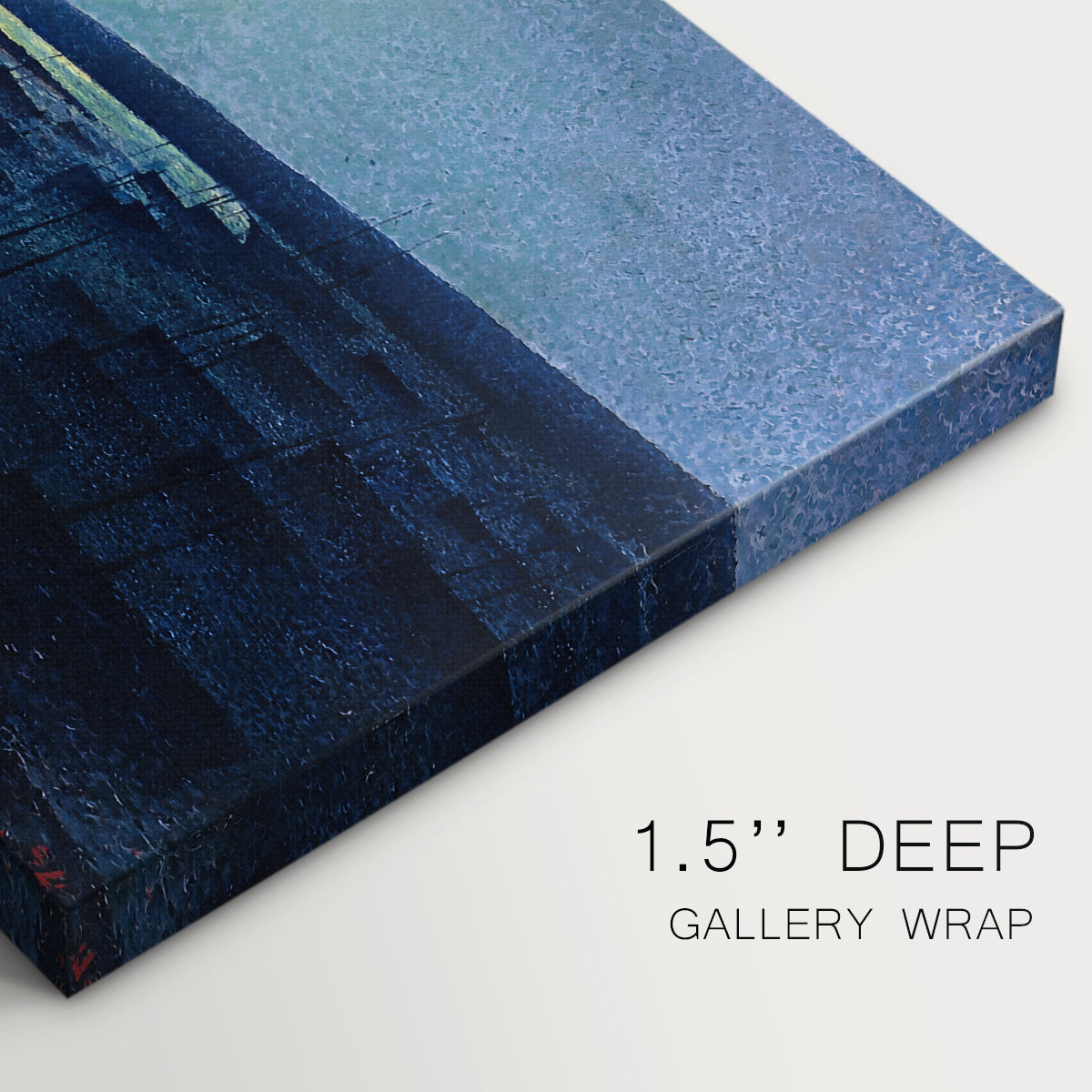 Canvas art print of fishing boats resting in harbor under moonlit sky, highlighting texture and gallery-wrapped edges