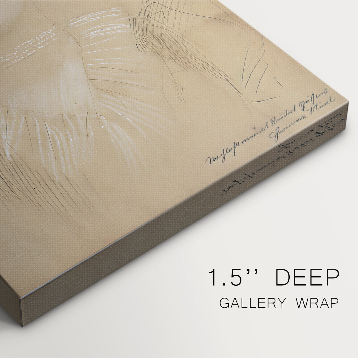 Close-up of a gallery-wrapped canvas corner showing a light sketch focusing on facial features, highlighting texture and print detail.
