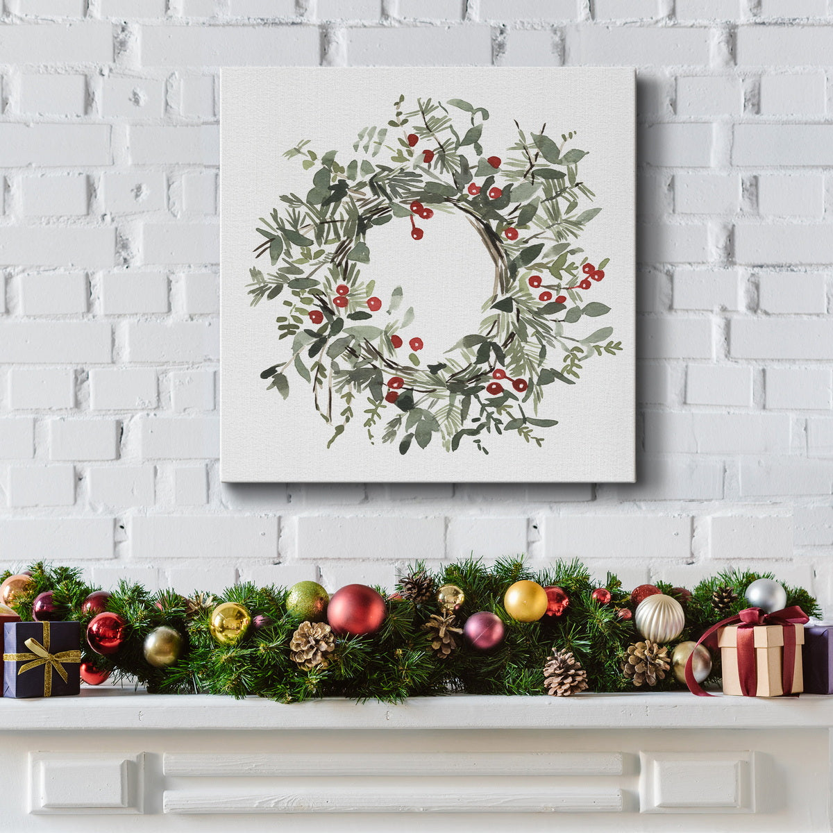 Holly Farmhouse Wreath I-Premium Gallery Wrapped Canvas - Ready to Hang