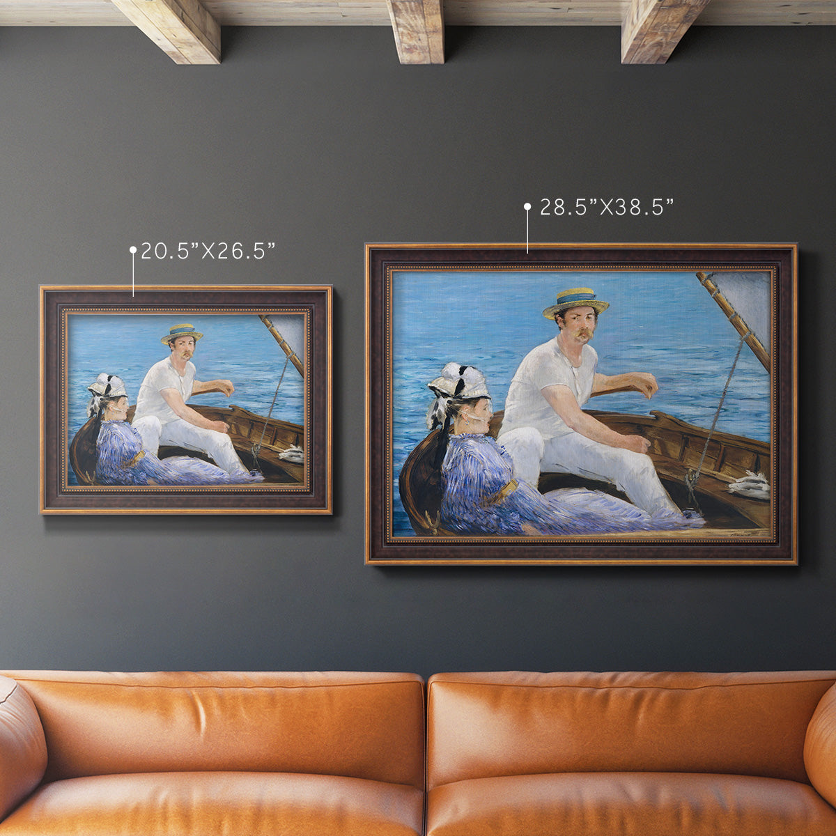 Impressionist leisure boating scene by Édouard Manet in an ornate bronzed mahogany wood frame shown in multiple size options.