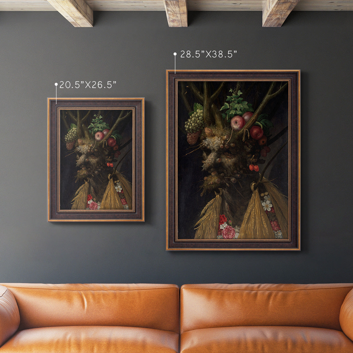 Surreal allegorical portrait representing the four seasons by Giuseppe Arcimboldo in an ornate bronzed mahogany wood frame shown in multiple vertical size options.