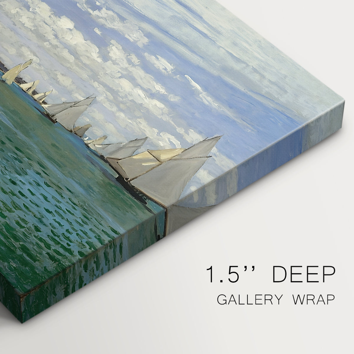 Canvas art print of sailboats gathered near shore with flags and spectators along coastline, highlighting texture and gallery-wrapped edges