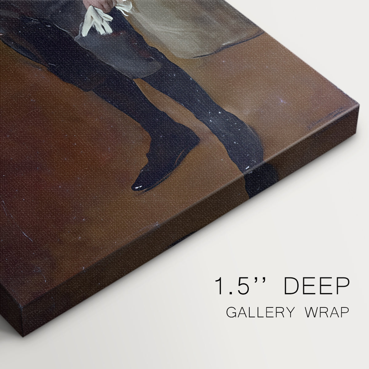 Close-up of a gallery-wrapped canvas corner showing a composed figure with youthful presence, highlighting texture and print detail.