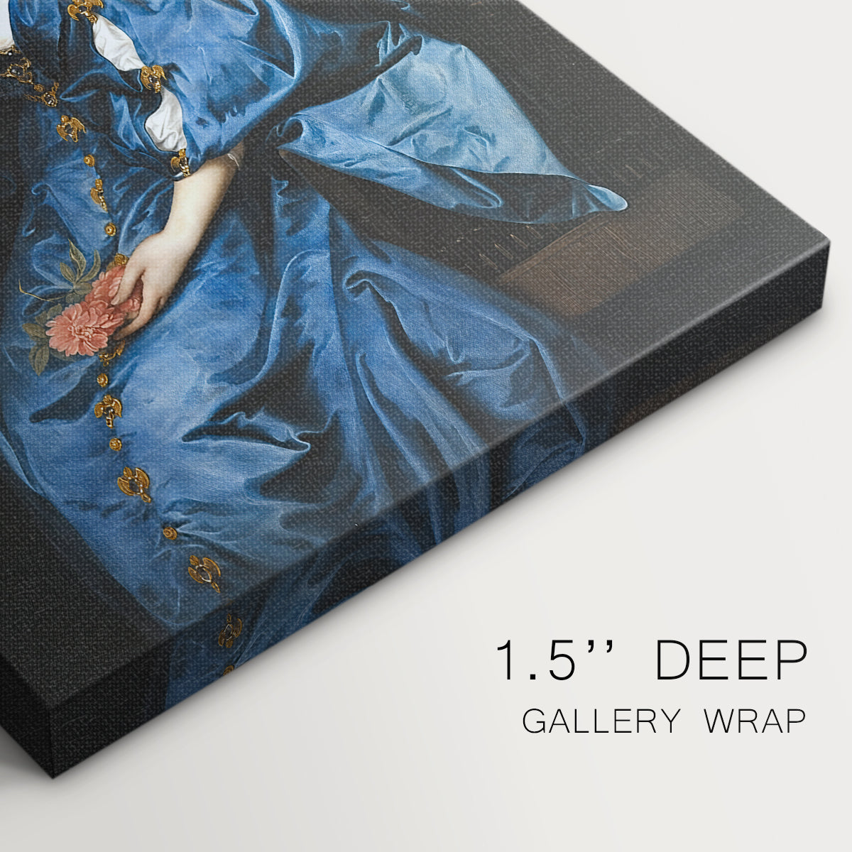 Close-up of a gallery-wrapped canvas corner showing a refined female portrait with ornate clothing and dark background, highlighting texture and print detail.