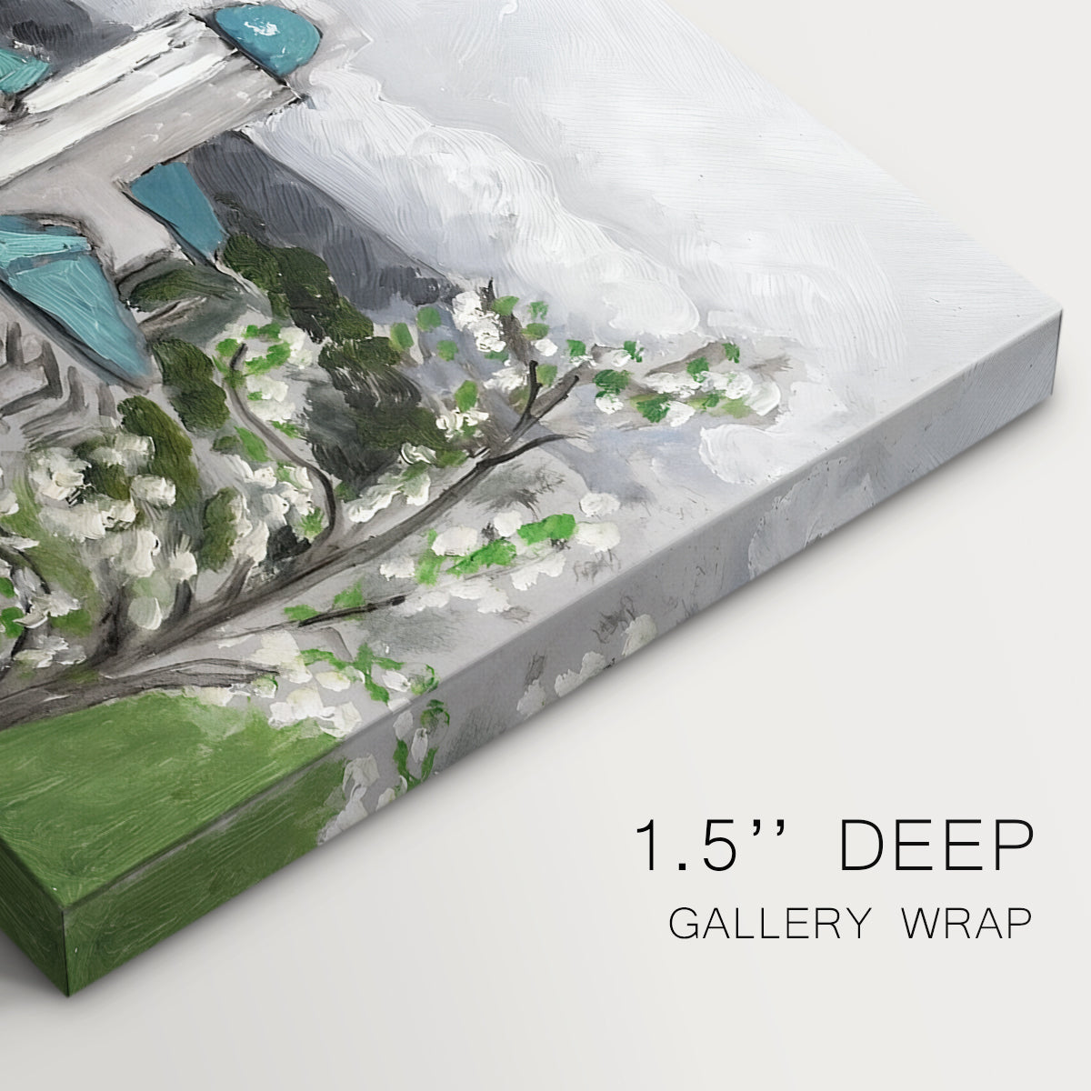 Canvas art print of a blue villa surrounded by trees and greenery in a bright landscape, highlighting texture and gallery-wrapped edges