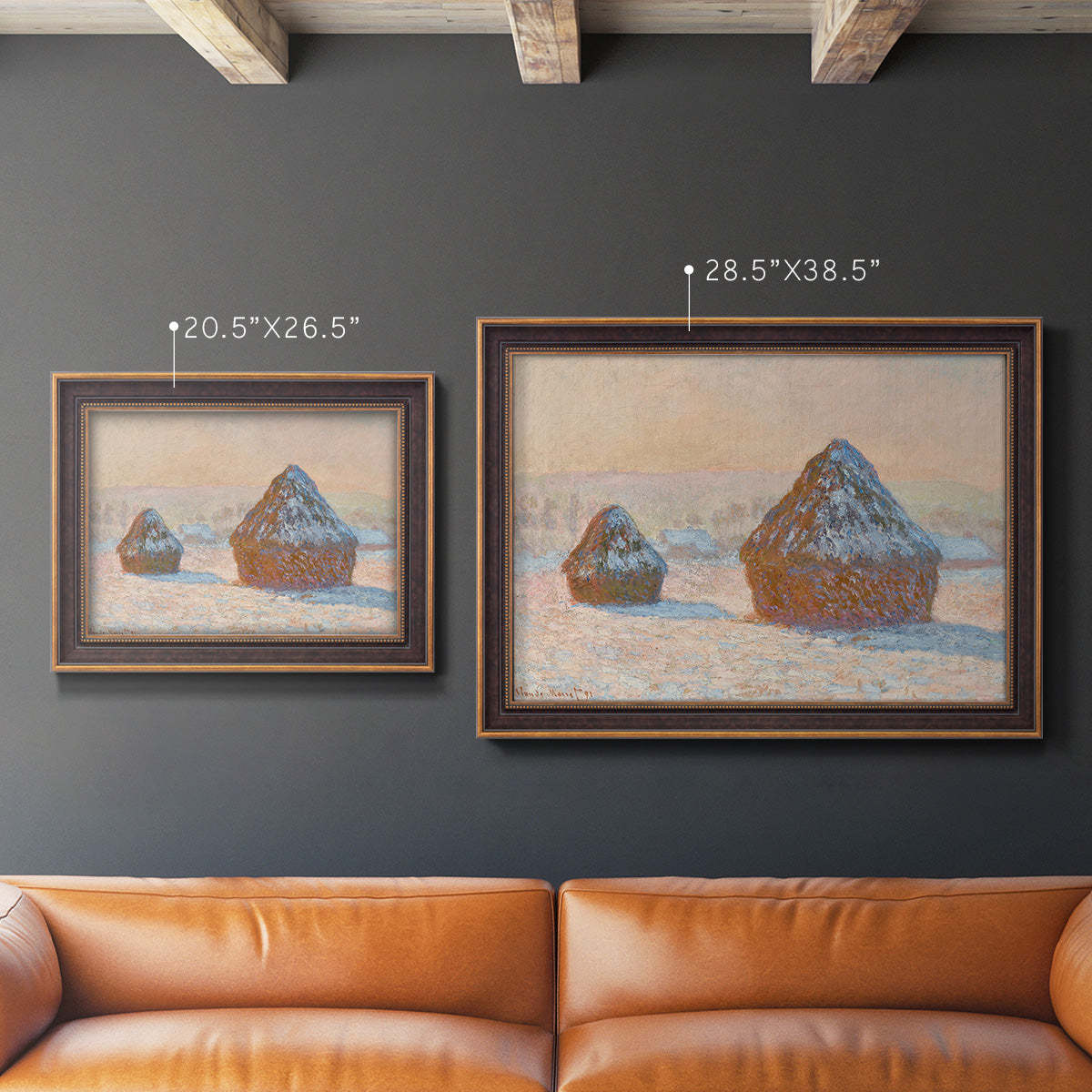 Impressionist winter haystack scene by Claude Monet in an ornate bronzed mahogany wood frame shown in multiple size options.