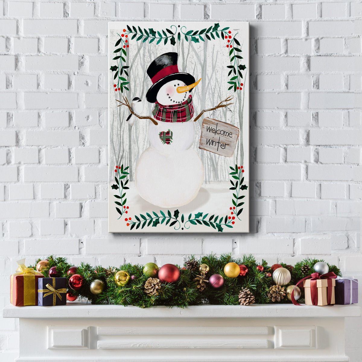 Folk Snowman Forest I Premium Gallery Wrapped Canvas - Ready to Hang