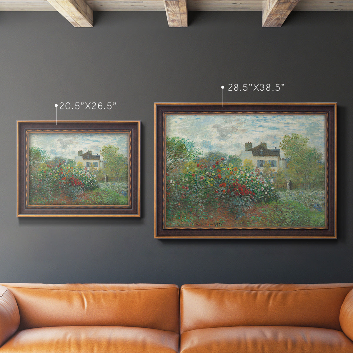 Impressionist garden landscape at Argenteuil by Claude Monet in an ornate bronzed mahogany wood frame shown in multiple size options.