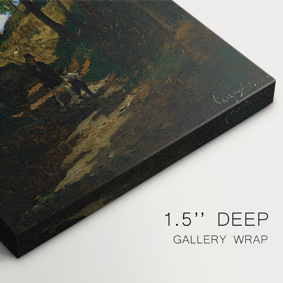 Close-up of a gallery-wrapped canvas corner showing a quiet nature scene with balanced composition, highlighting texture and print detail.